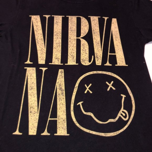 BLACK NIRVANA T SHIRT SZ S BLACK GRUNGE ROCK HAPPY FACE LARGE LOGO COTTON WOMENS - Picture 2 of 3